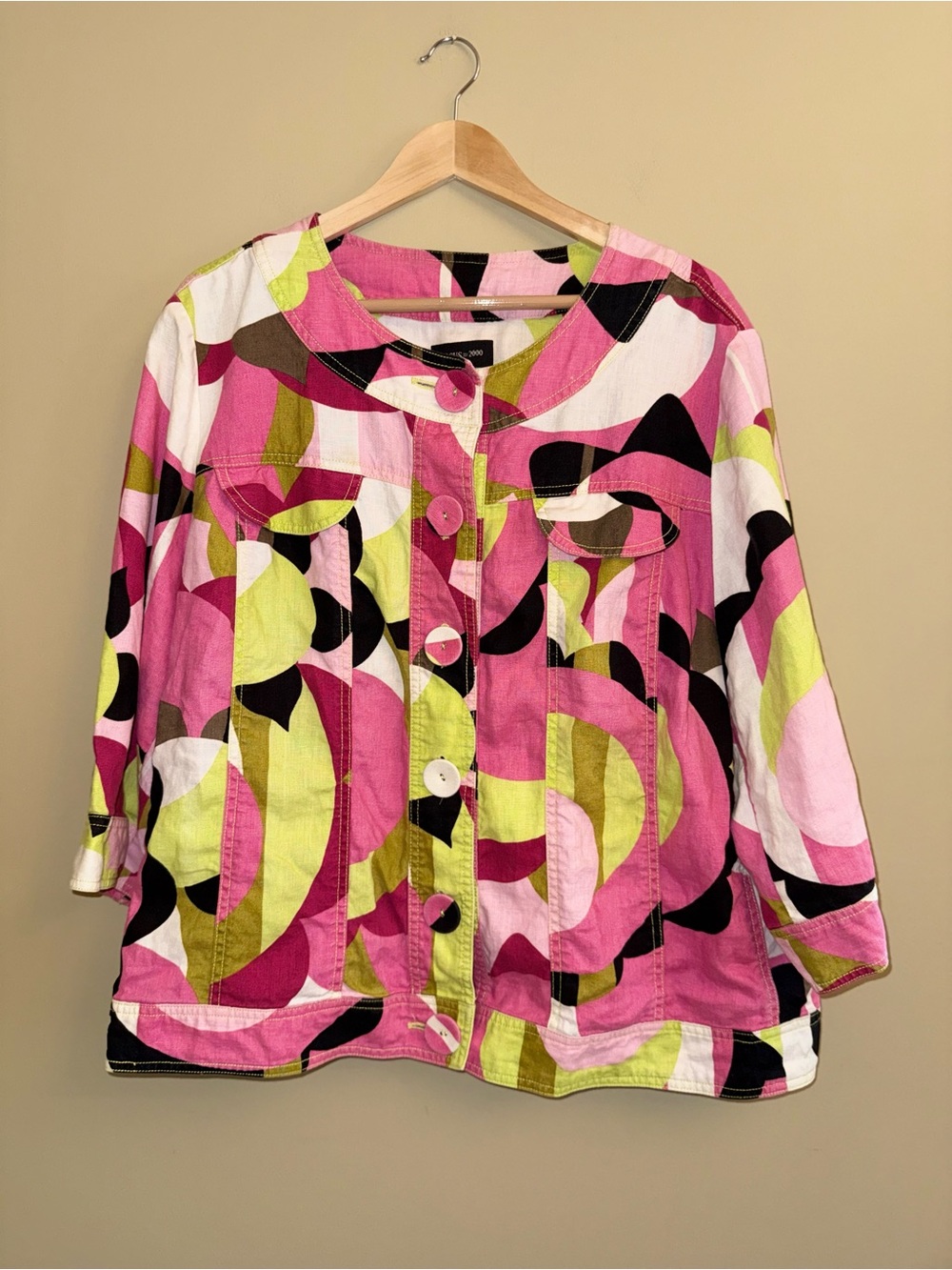 Focus 2000 Linen Colorful Artsy Big Button Jacket 24W Resort Ethereal Colorful